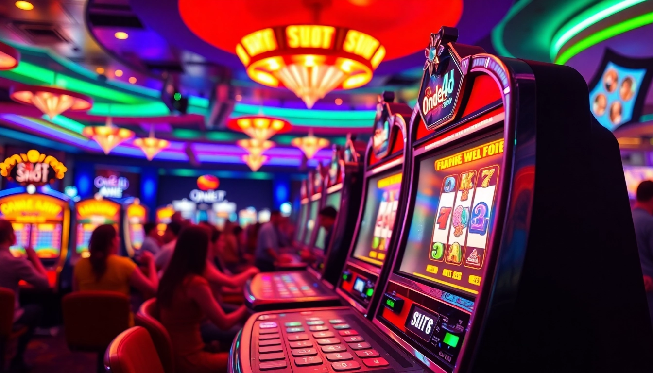 Permainan slot ondel4d slot yang menarik dengan lampu berkilau dan pemain antusias di kasino.