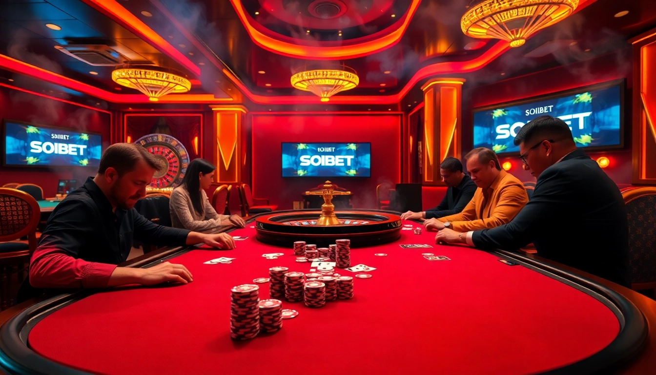 SOIBET casino scene with high-stakes poker, vibrant colors, and a luxurious atmosphere.