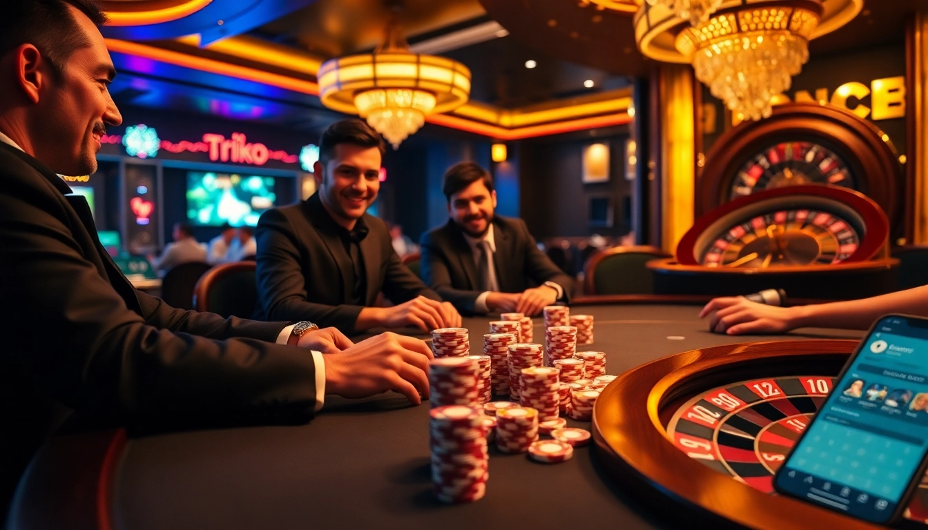 Engaging scene of players using the rio App at a poker table in a vibrant casino setting.