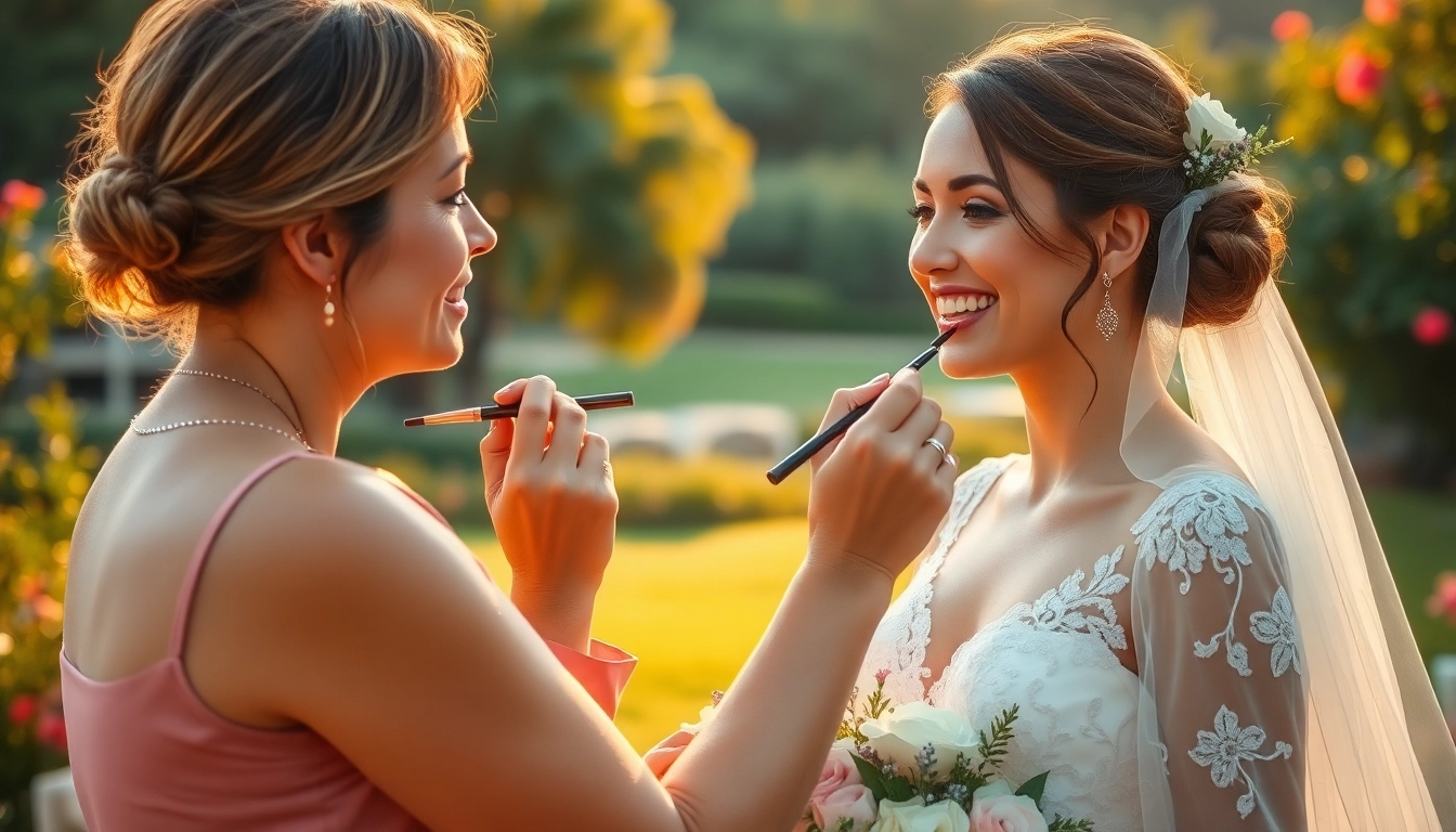 Destination wedding makeup artist enhancing bridal beauty with skillful techniques outdoors.