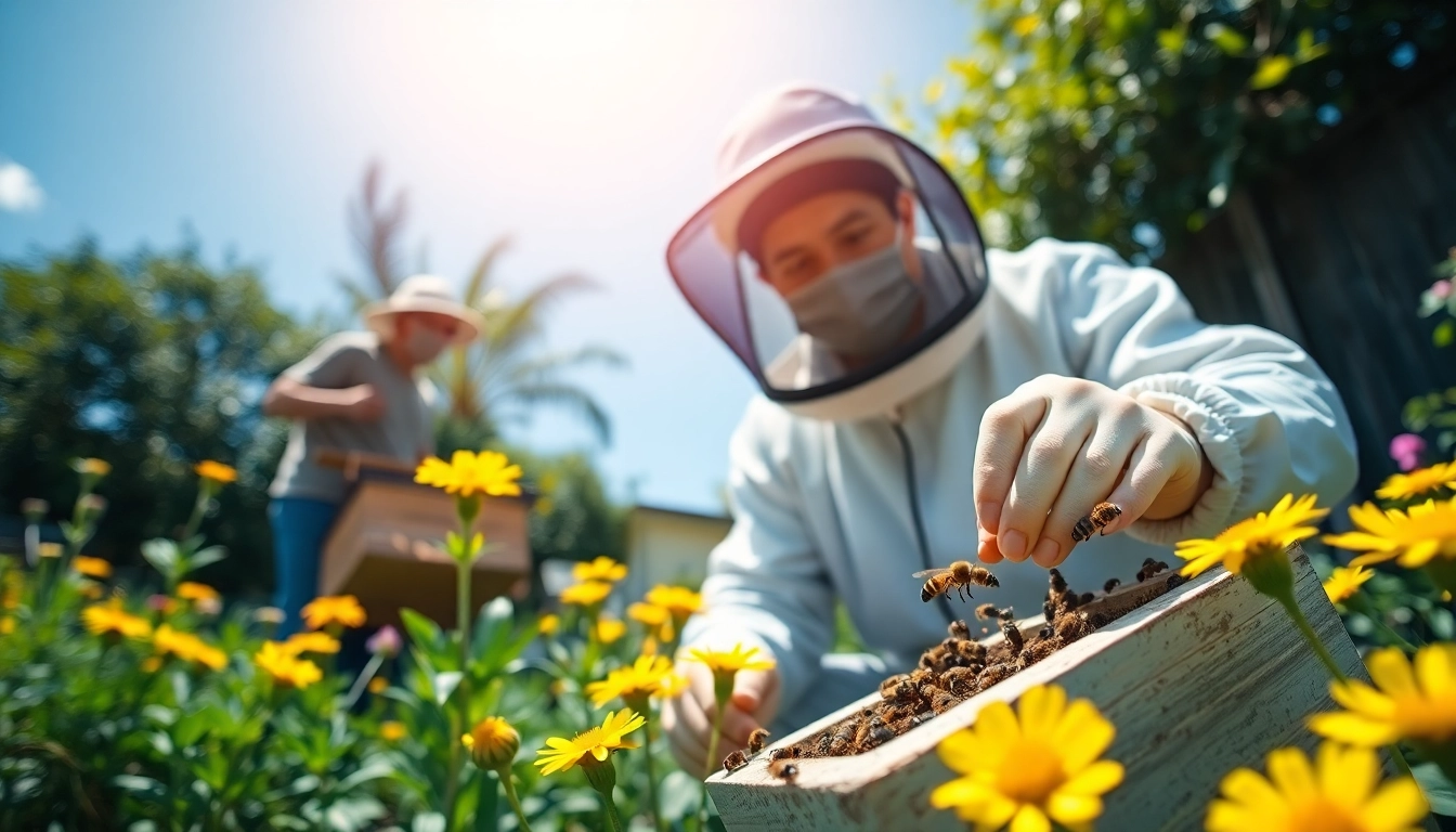 Capturing bees through live bee removal services in a garden environment.