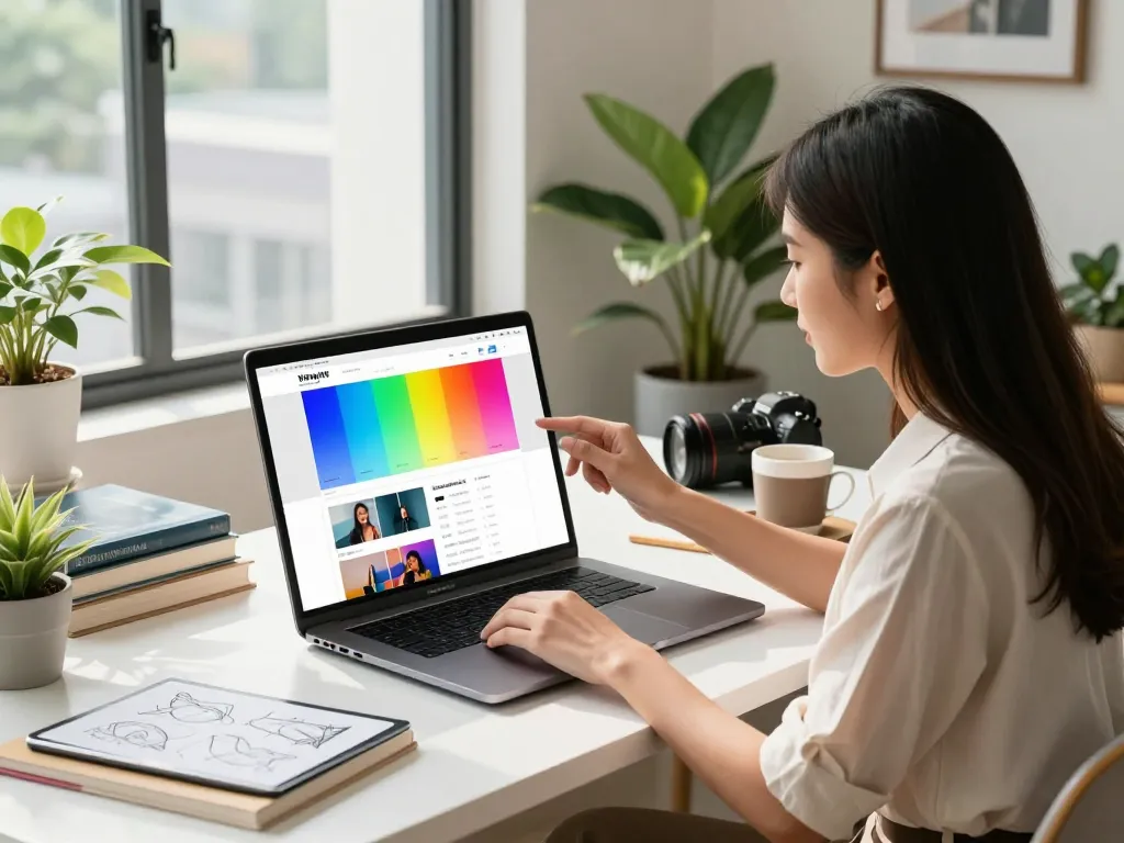 freelance web designer kuala lumpur actively designing a website in a modern workspace with colorful design elements and natural light