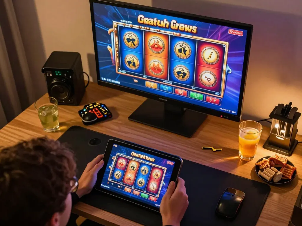 Player enjoying engaging slot gratis games on tablet in cozy gaming setup