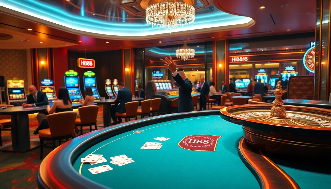Experience the excitement at HB88 Casino with players enjoying poker and slots in a luxurious atmosphere.