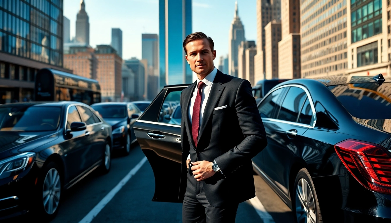 Elegant car service nyc featuring luxury vehicles and a chauffeur in a vibrant NYC setting.