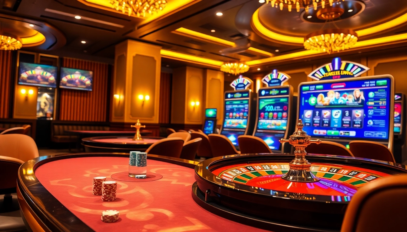 Engaging image of gaming action on the trang chủ okwin interface featuring a roulette wheel and vibrant poker chips.
