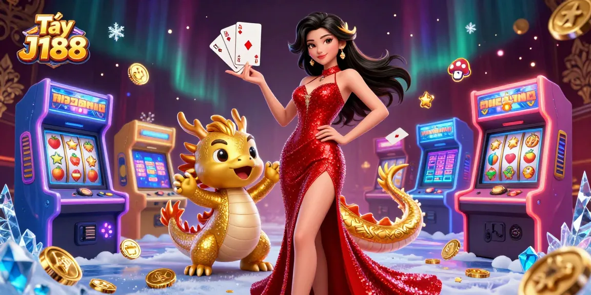 Experience the thrill with Tải J188, featuring a stunning Asian woman and a golden dragon mascot.
