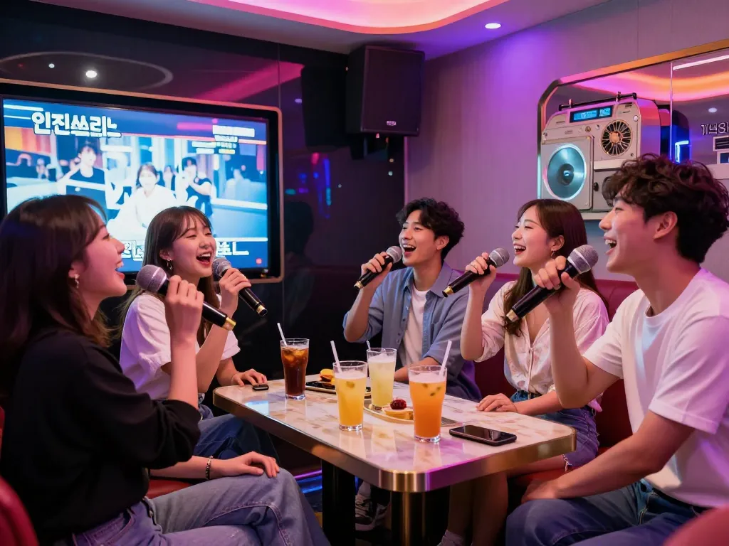 화려한 조명이 비치는 세련된 노래방에서 인천쓰리노의 밤문화를 즐기는 친구들 그룹.