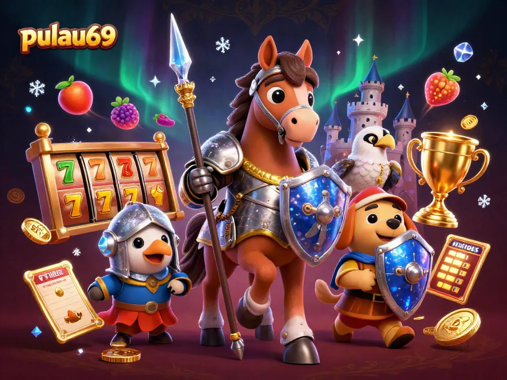 Pulau69 features an engaging scene with slot reels and characters celebrating big wins in a casino.