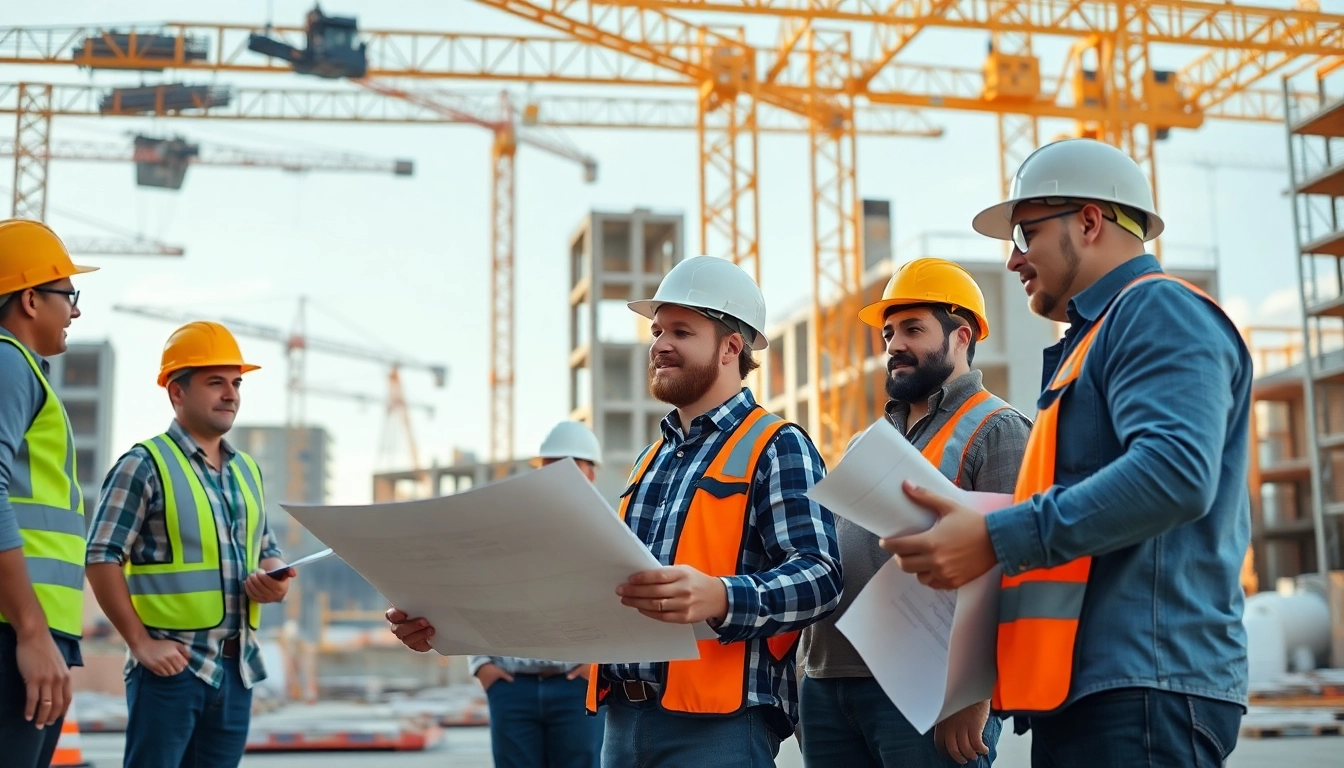 Careers in construction illustrated with diverse professionals at a lively construction site.