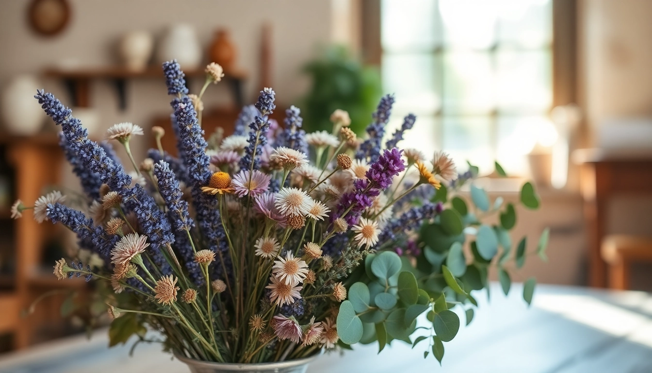 Dried flowers beautifully arranged in a rustic vase, enhancing a serene ambiance.