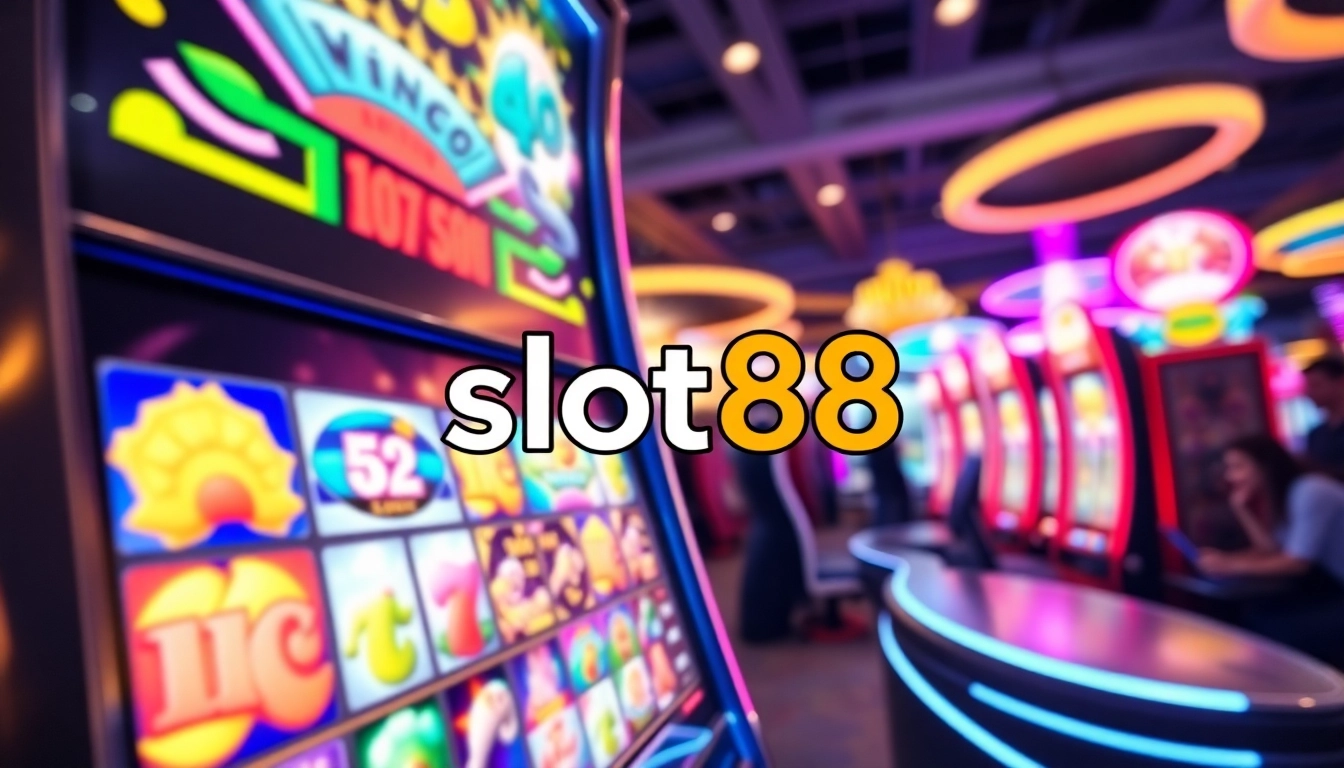 Permainan slot88 yang menarik dengan mesin slot berwarna cerah dan suasana kasino yang meriah.