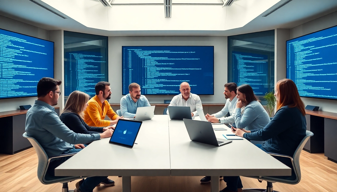 A vibrant team meeting at a web development company, working collaboratively on digital projects.