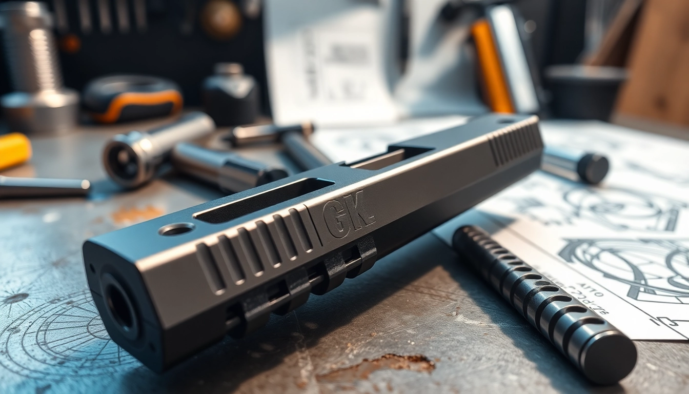 Examine a glock slide featuring intricate designs and polished metal finish on a workbench.