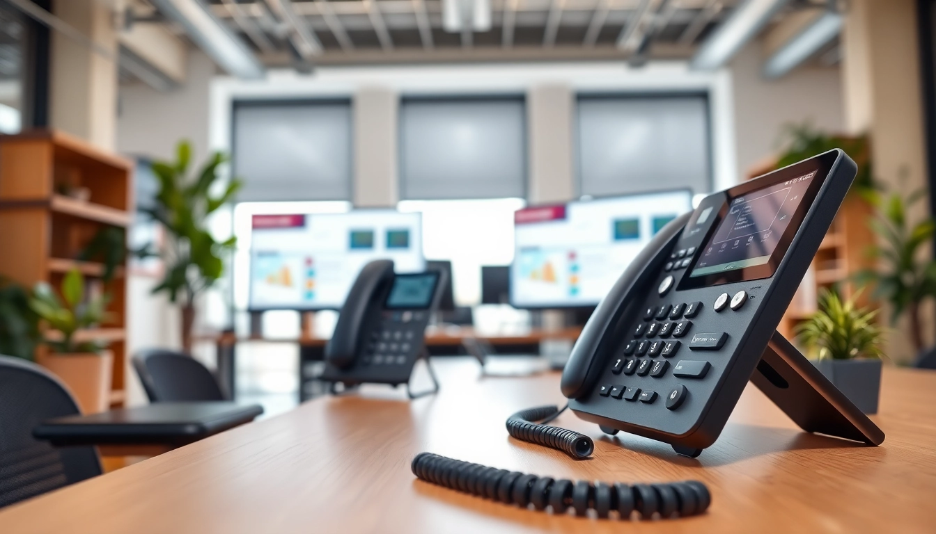 Showcase a sleek business phone in a vibrant office setting, highlighting features for productivity.
