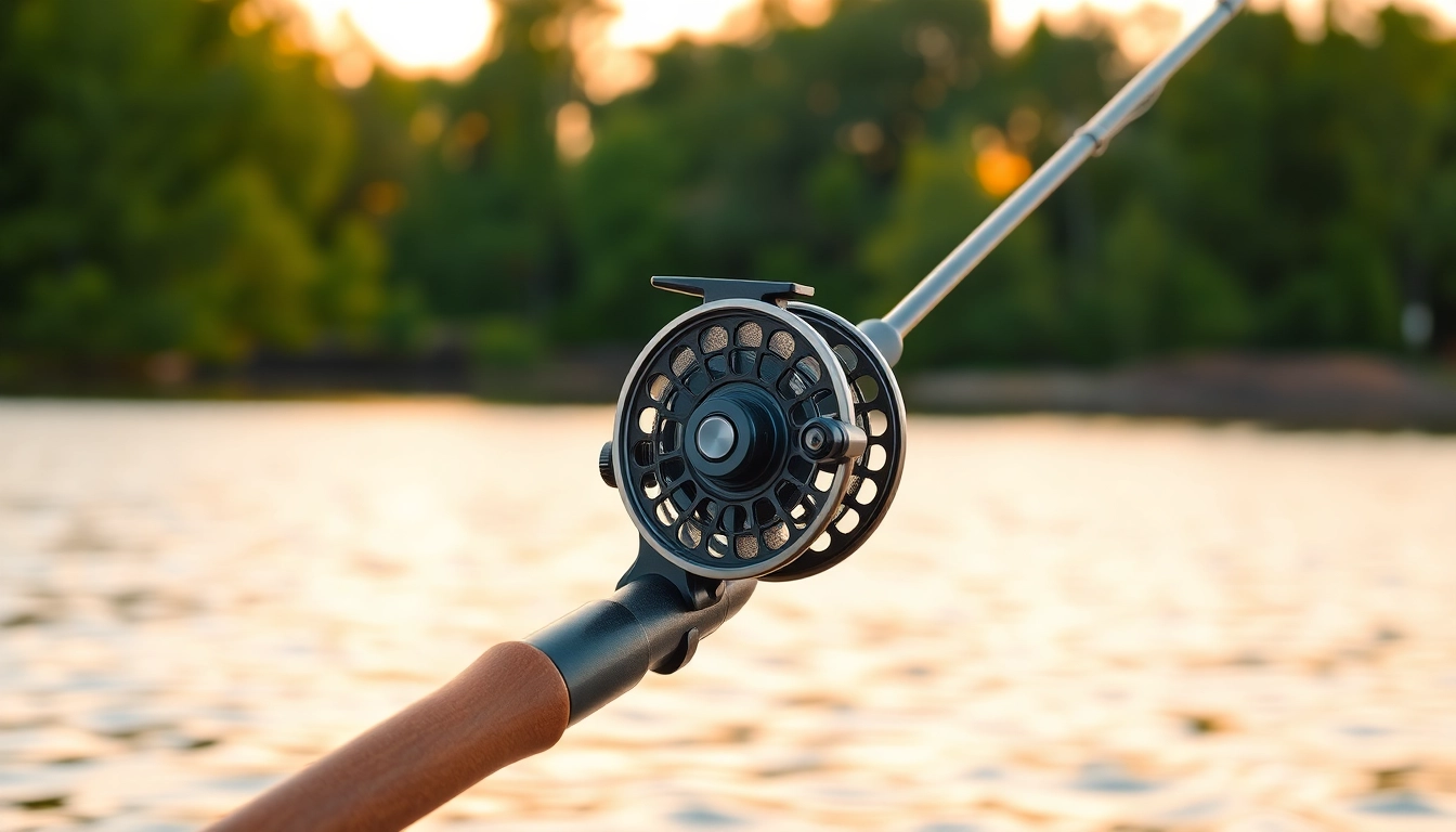 Showcasing the best fly fishing reels with a tranquil lake view at sunrise, highlighting quality and craftsmanship.