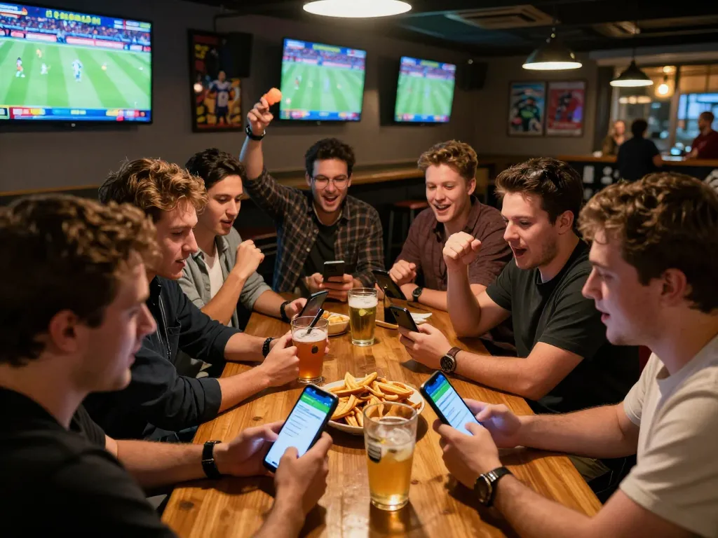 Group of friends using the 28bet com app for sports betting while enjoying drinks in a lively bar atmosphere