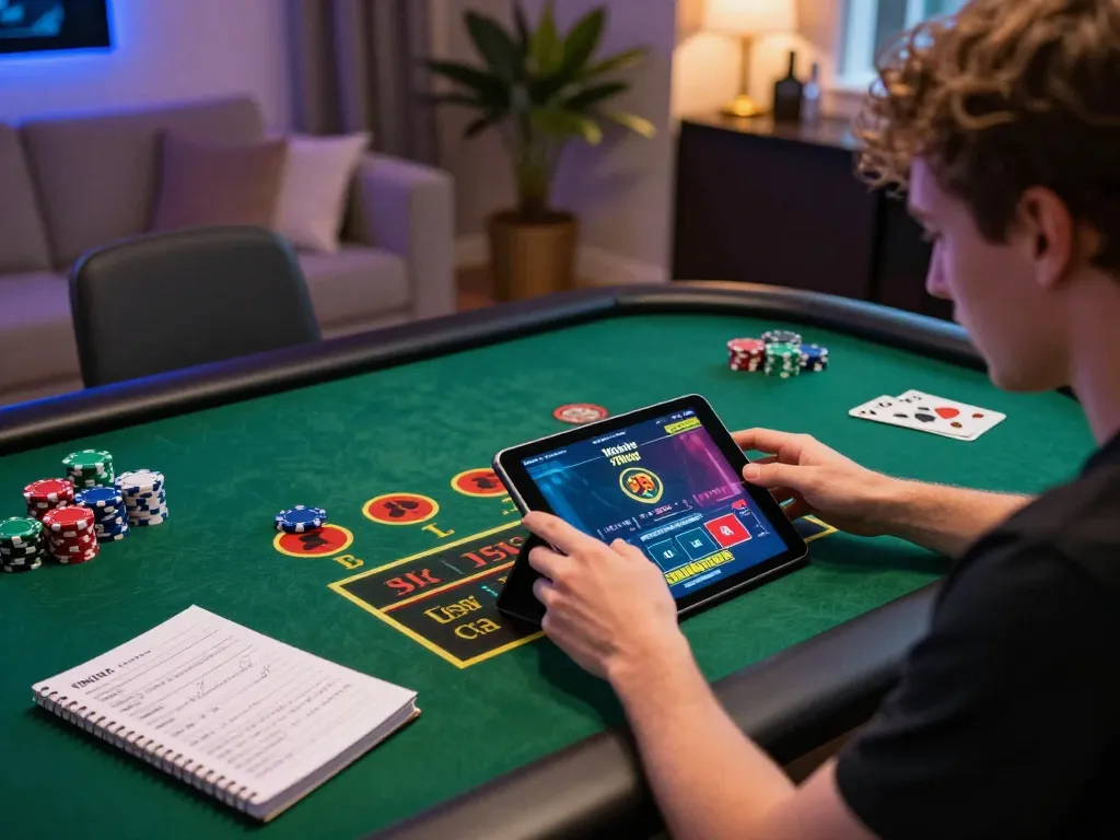 Person enjoying online casino gaming on Website 79king, surrounded by poker chips and strategy notes.