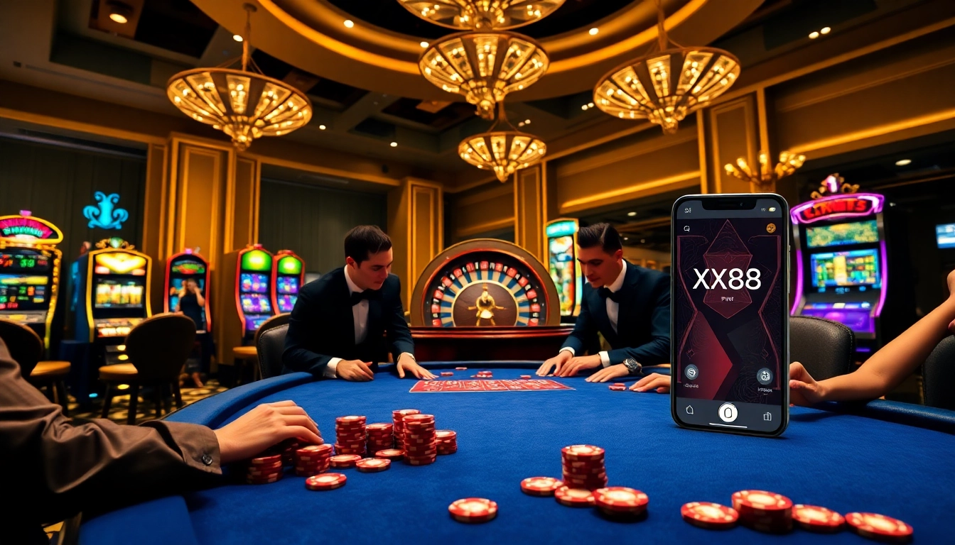 Experience the thrill of XX88 at a luxurious poker table with dazzling chips and vibrant slots.
