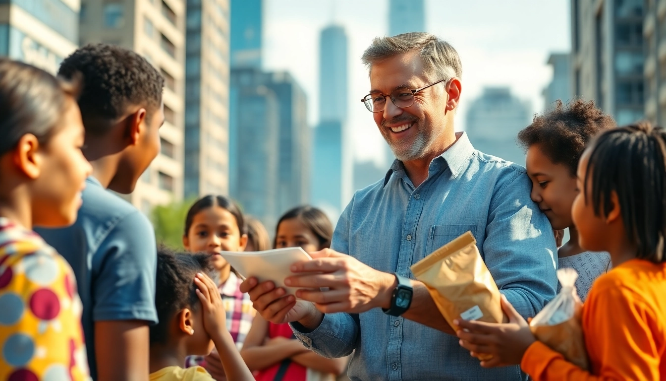 Philanthropist engaging with diverse community members, promoting hope and generosity.