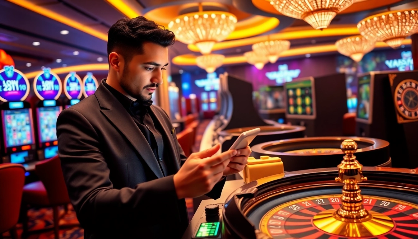 Naga169 aman showcases an engaging online casino experience with vibrant slot machines and poker chips.