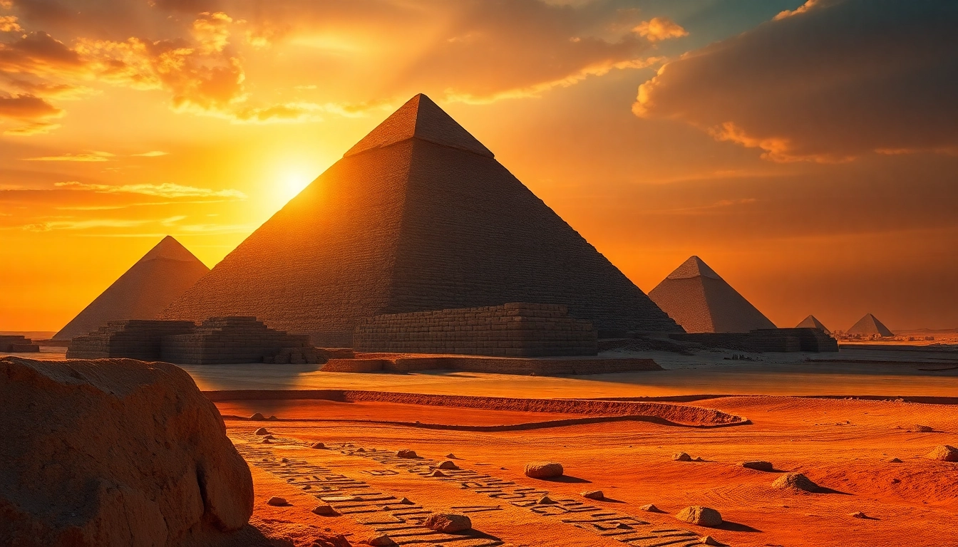 View the Great Pyramid of Giza represented on https://piraminds.com/ with sunset hues enhancing its majestic features.