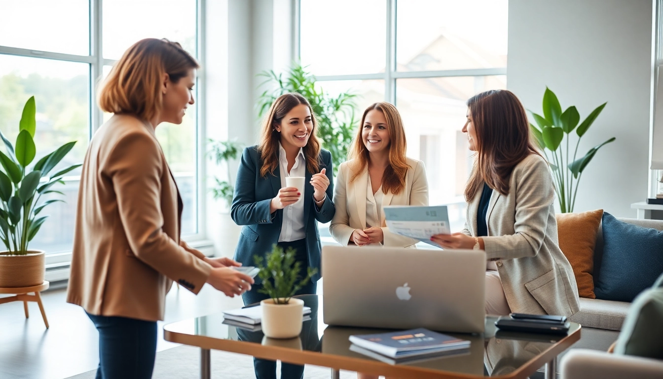 Real Estate office scene showcasing agents assisting clients in a welcoming environment.