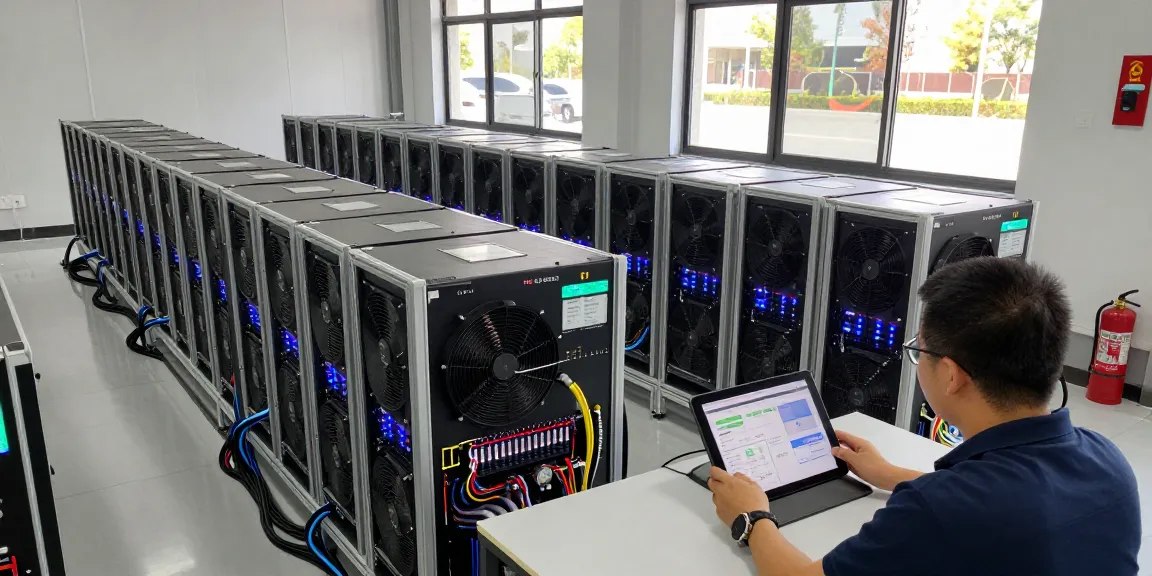Bitcoin mining farm setup with advanced ASIC miners, cryptocurrency analytics, and security measures in a modern industrial environment