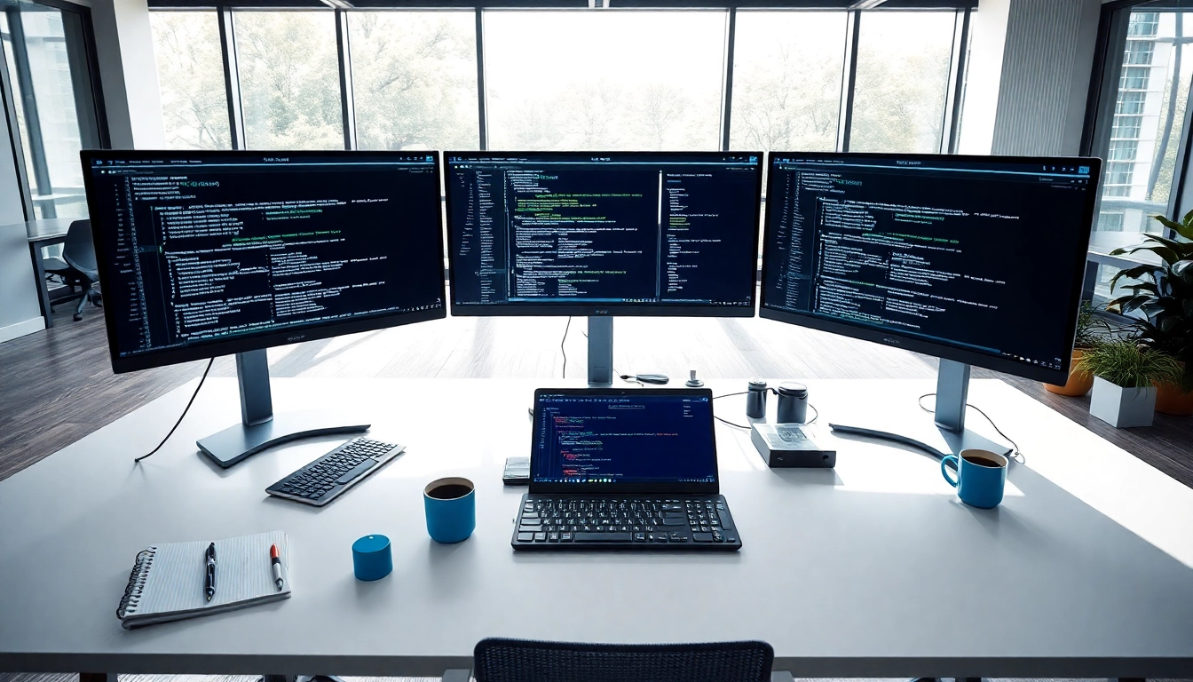 DoesQA automating testing processes in a modern workspace with multiple monitors.