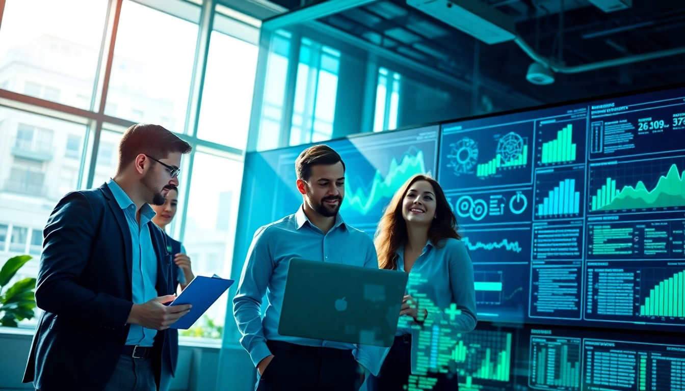 Data analysts leveraging AI for competitive intelligence in a modern office.