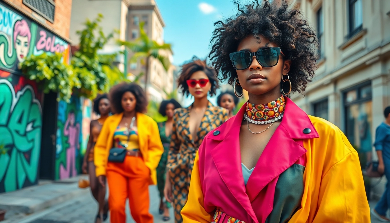 Model showcasing vibrant fashion in an urban setting with colorful outfits.