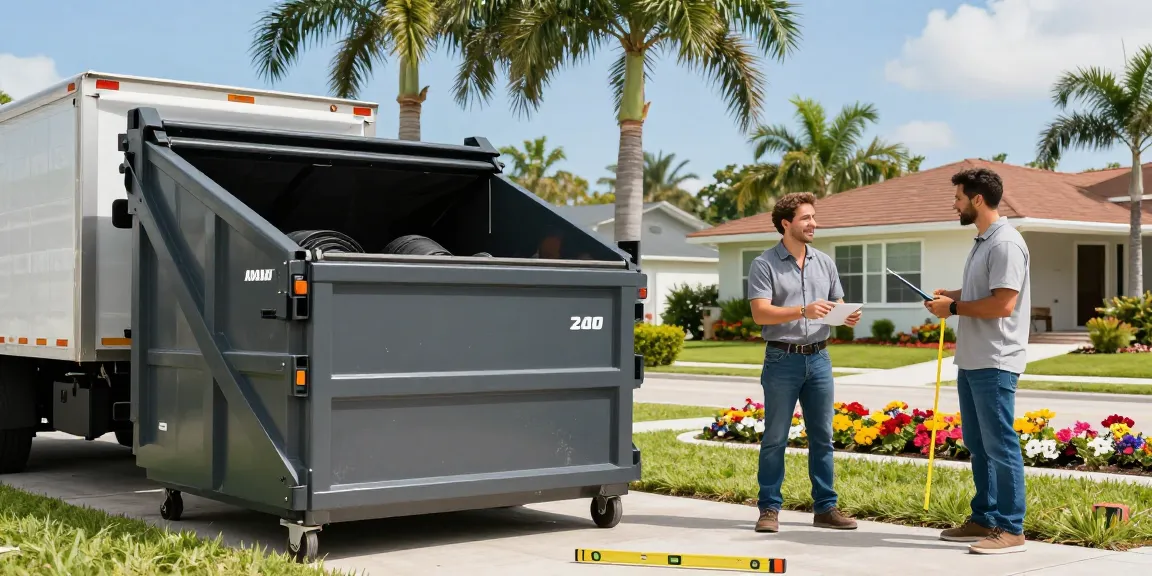 Efficient dumpster rental Pompano Beach FL scene with delivery truck, homeowners, and contractors.