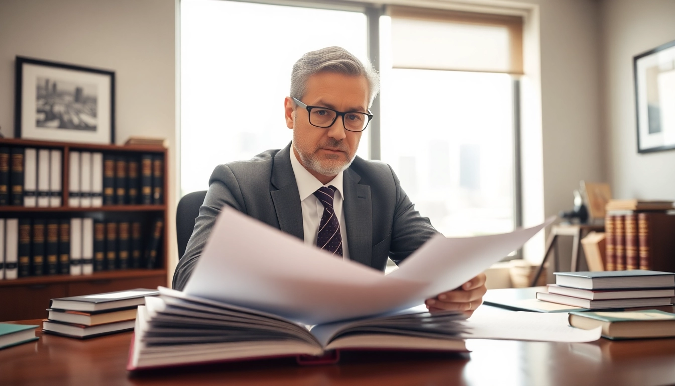 Clearwater truck accident attorney confidently reviewing case files in an office.