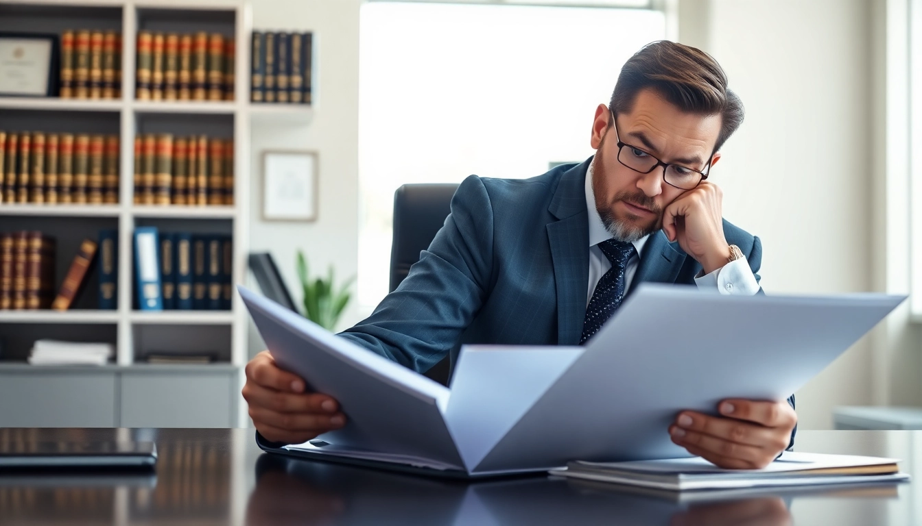 Review case files at https://www.fritschlawfirm.com showcasing a professional attorney in a modern office.