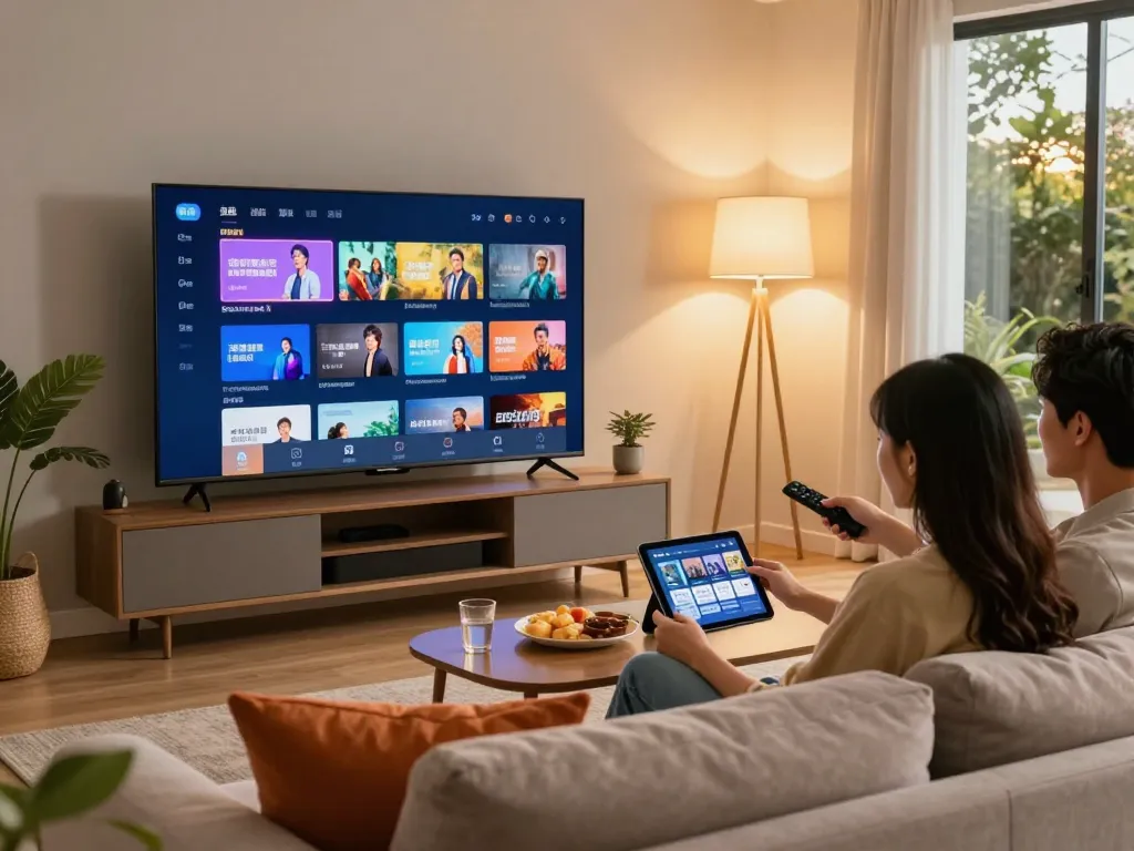 Koppel geniet van IPTV TV in een gezellige woonkamer met snacks en warme verlichting.