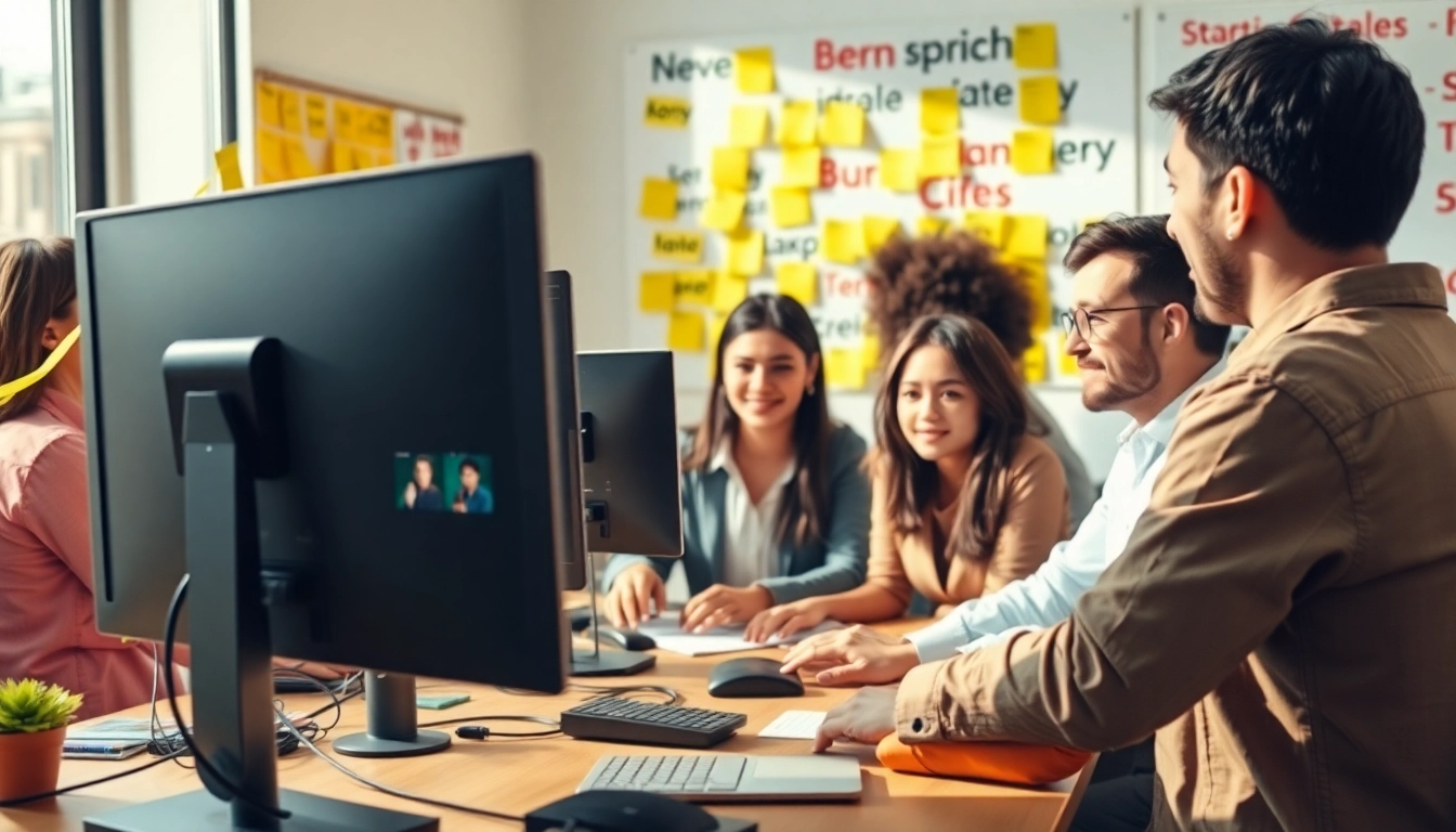Engaging scene showcasing video translation tools and teamwork, highlighting video translation processes and collaboration.