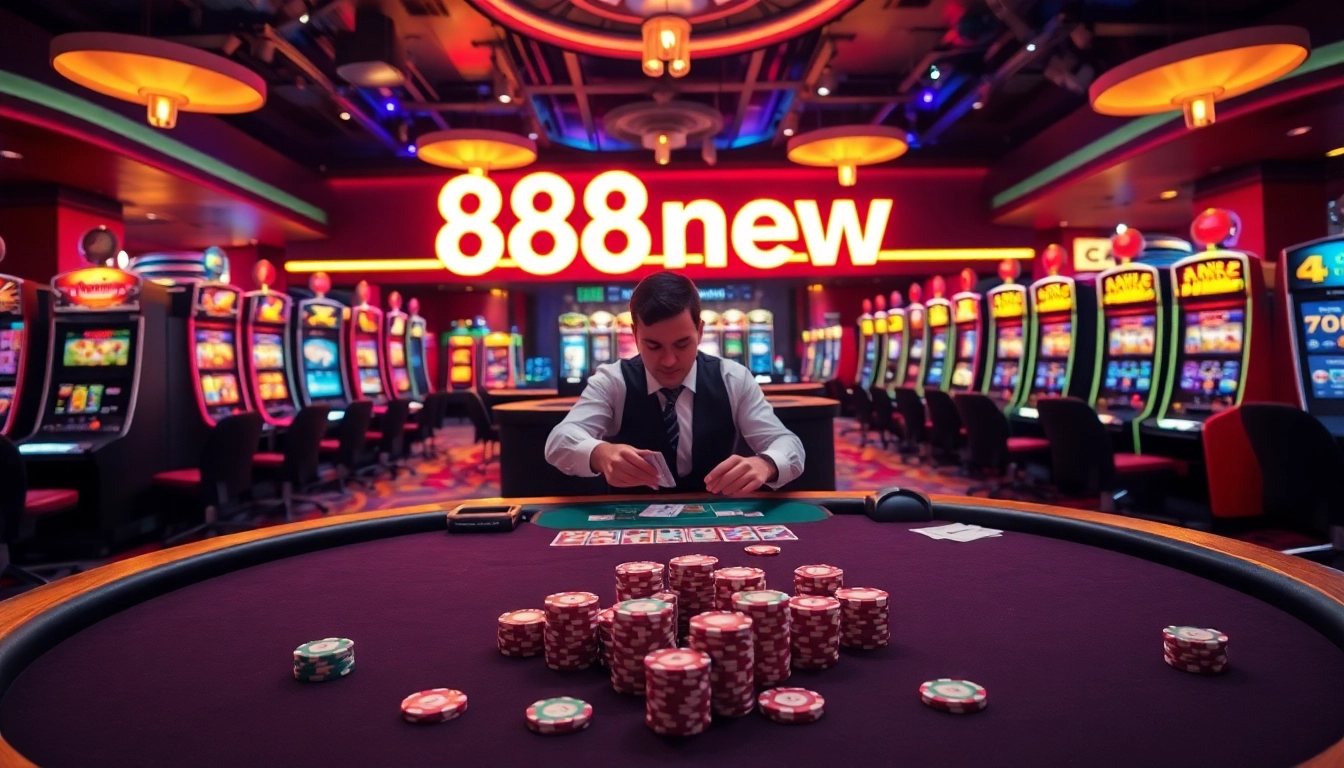 Exciting gaming scene at 888new with dealer, chips, and glowing slot machines