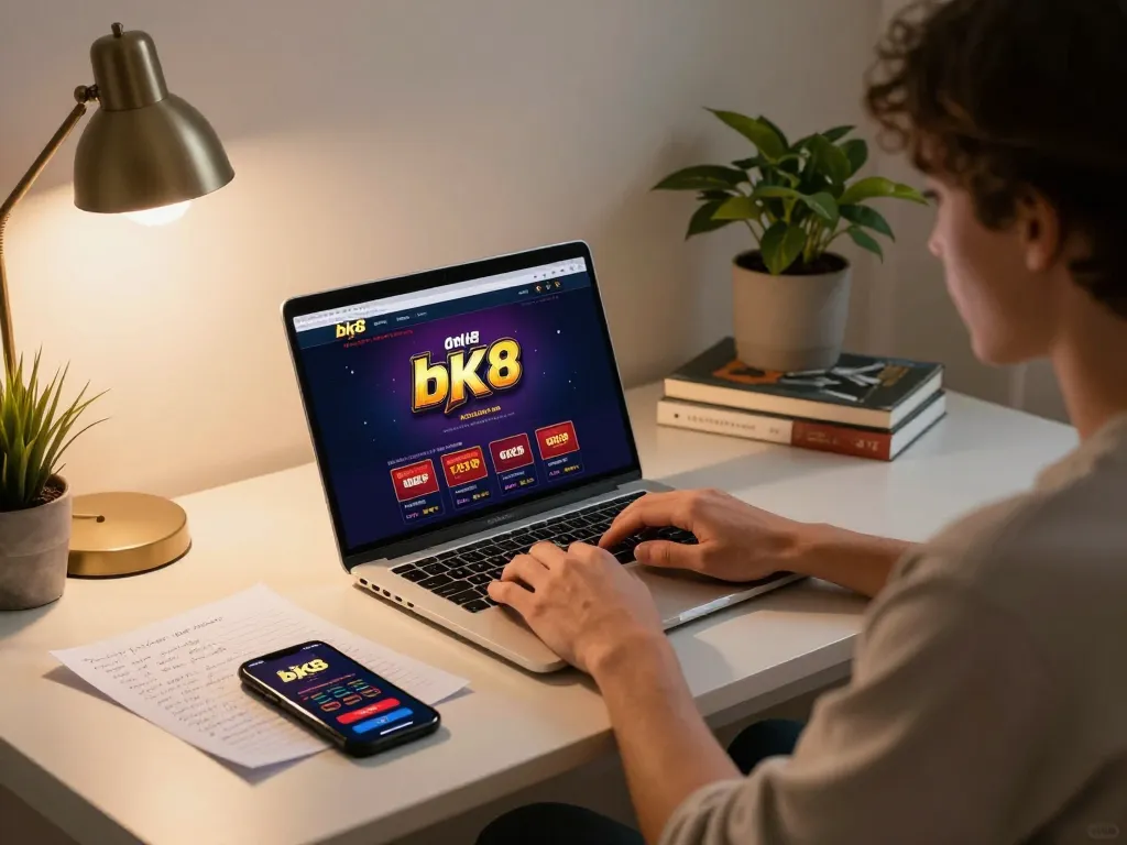 Engaged user exploring bk8 online casino on laptop amidst strategic gaming notes and a smartphone.