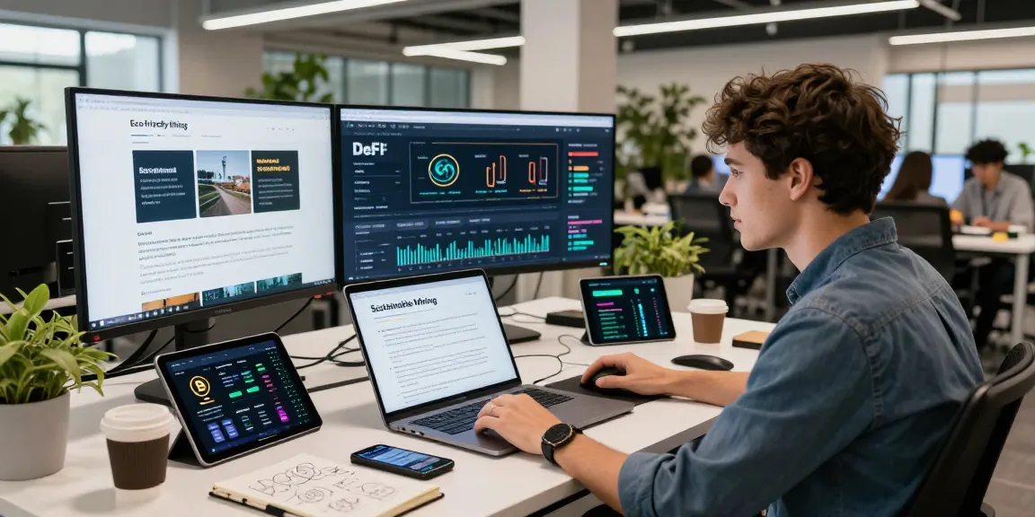 Eco friendly crypto mining research in a professional workspace with blockchain charts and DeFi protocols.