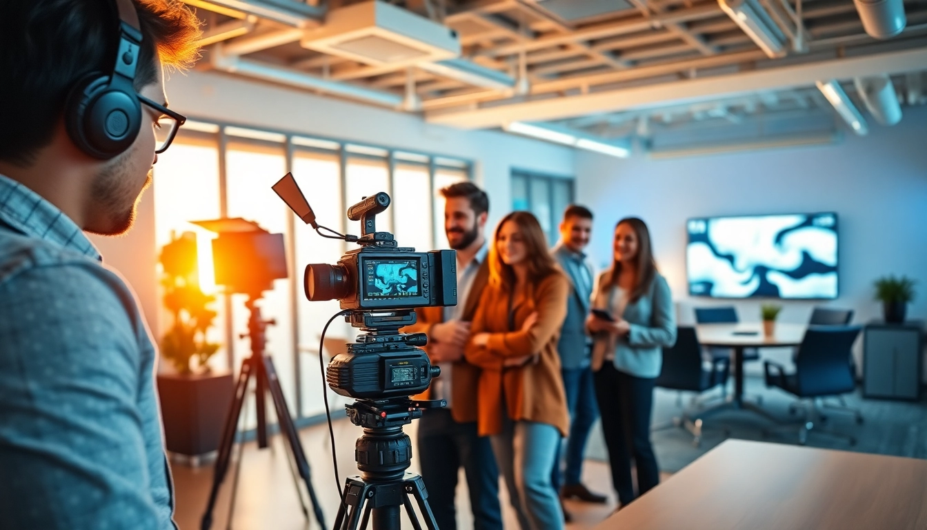 Capture dynamic corporate video production Calgary with a professional team collaborating in an office.