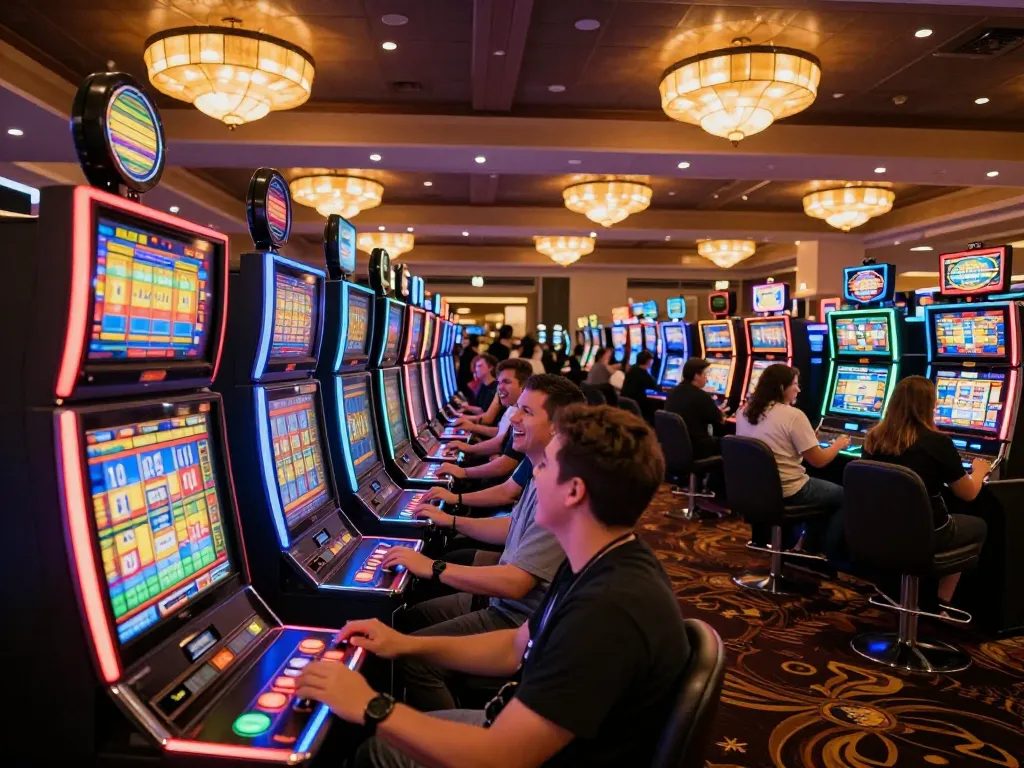 Players engaging with slot machines at mm88pc casino, vibrant atmosphere highlighting gaming excitement.