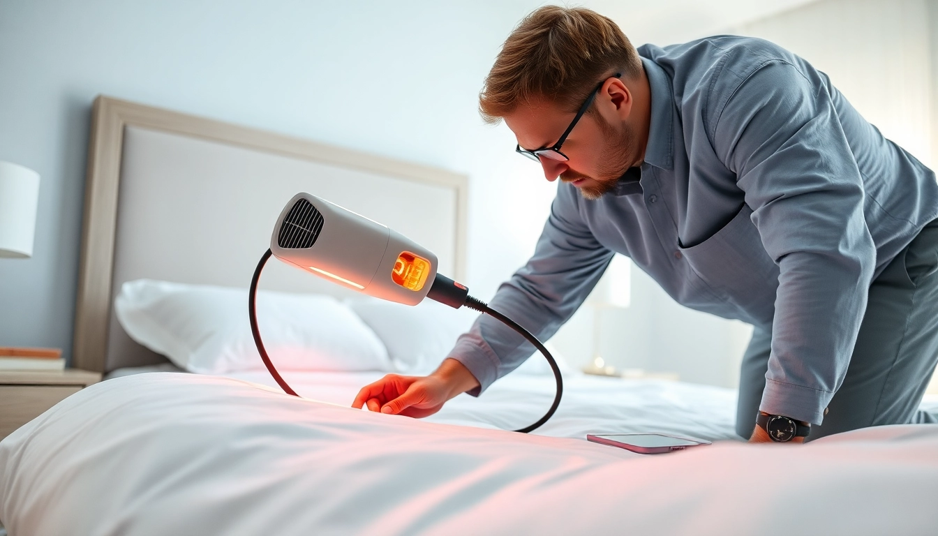Bed bug exterminator applying effective treatment in a bright bedroom setting.