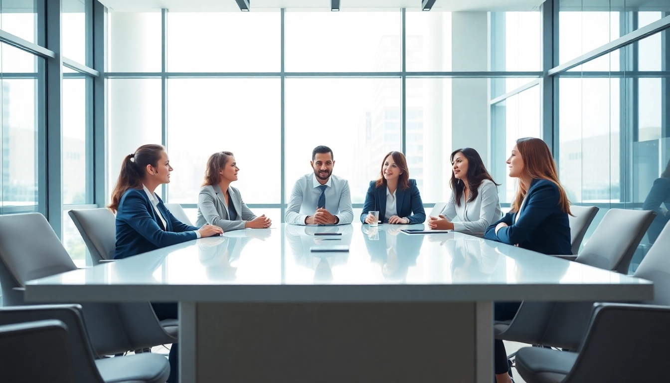 Collaborative business meeting showcasing diverse professionals in a modern setting.