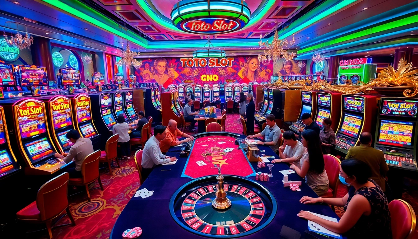 Engage with exciting toto slot games among glamorous casino tables and vibrant gaming action.