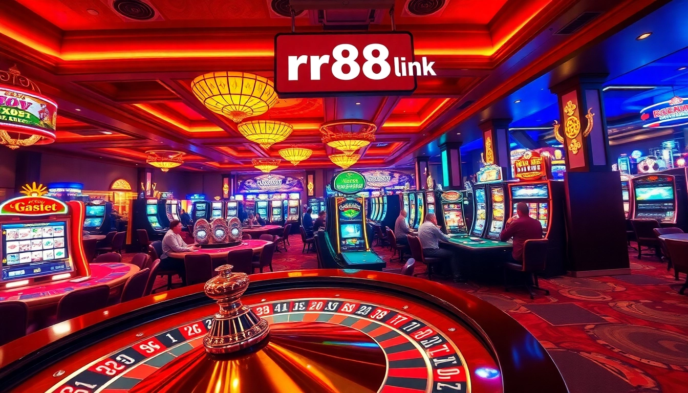 The energetic atmosphere of a casino showcasing the rr88 link with players at roulette and slot machines.