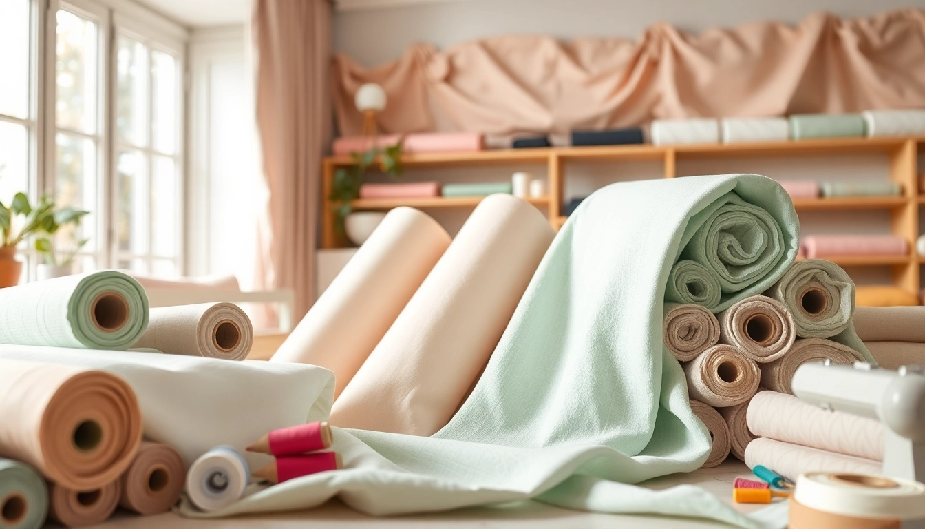 Katoen stof per meter in stijlvolle boutique met levendige kleuren en materialen.