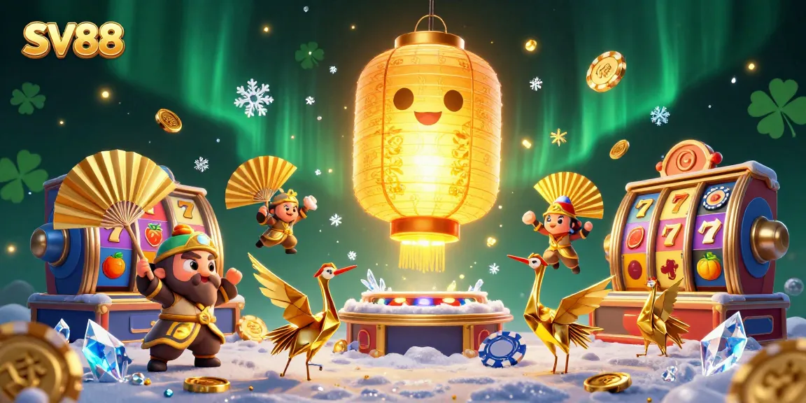Engage in exciting promotions at SV88 with vibrant slot game reels and a golden lantern spirit.