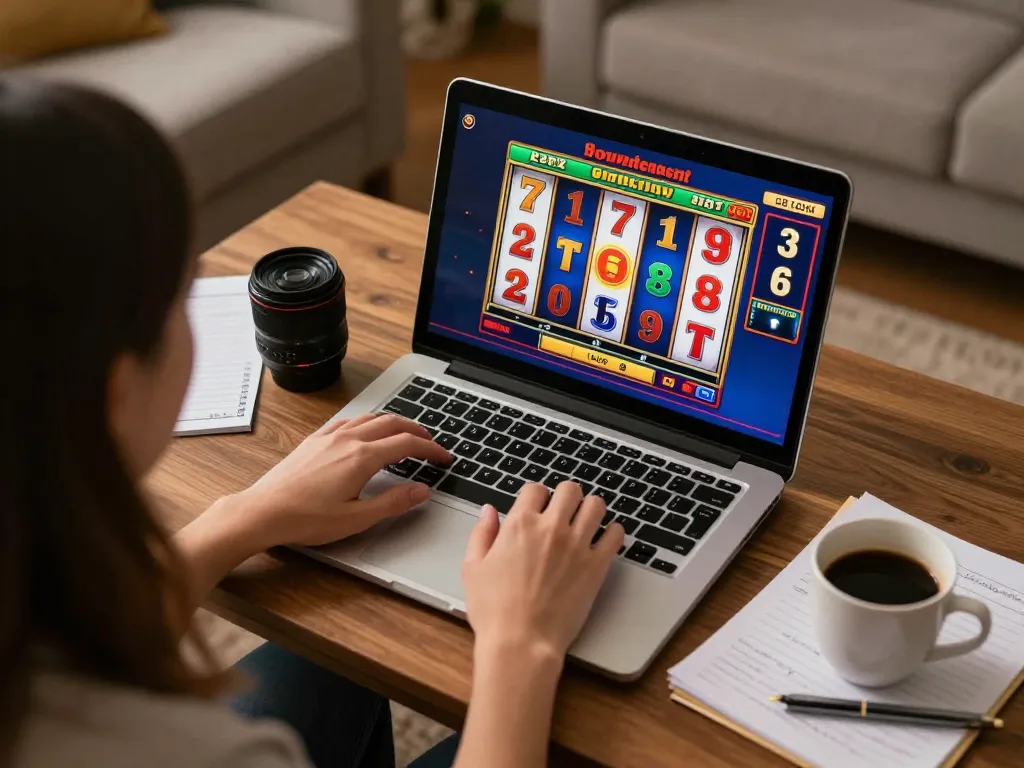 Player enjoying online gaming at https://www.mnm88.com/ with laptop showcasing slot games in a cozy home setting.