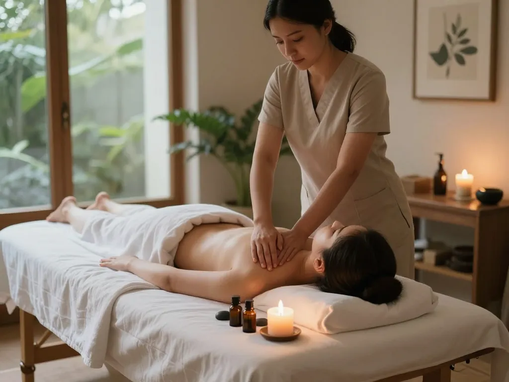Relaxing scene of a Swedish massage highlighting 삼산동마사지 in a calm spa setting.