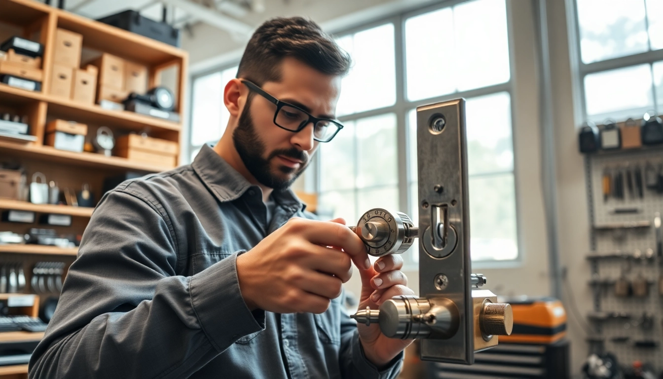 Locksmith at work on a high-security door lock from https://www.dakenlocks.com, exemplifying expertise and trust.
